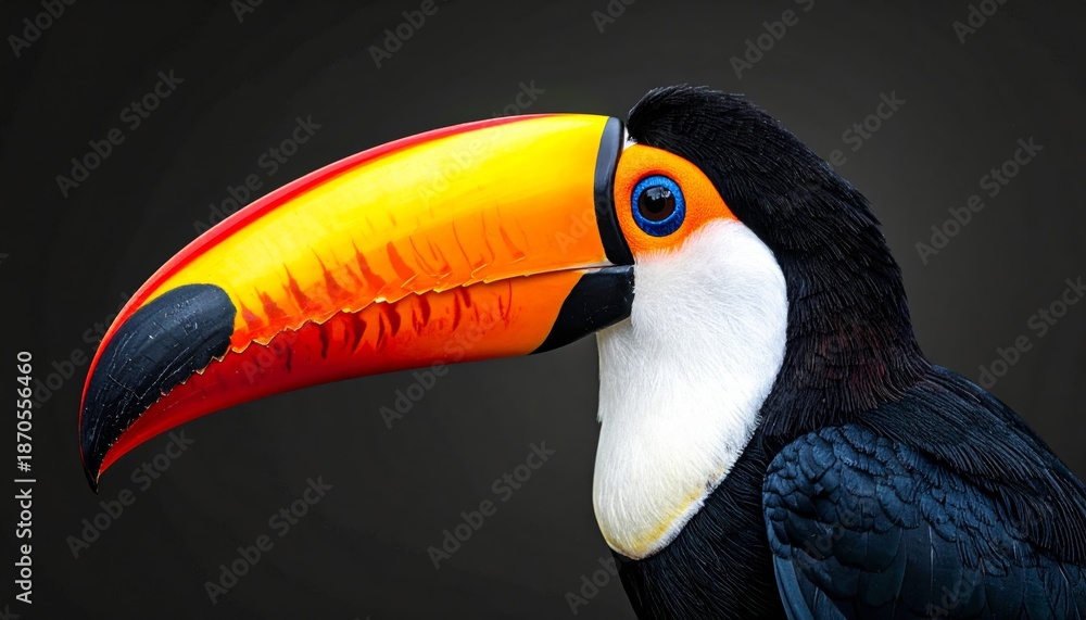 Obraz premium A colorful wild toco toucan with a bright yellow beak and exotic feathers sits isolated on a black background in a tropical Brazil rainforest jungle scene