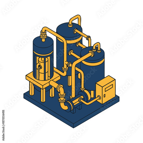 Industrial water treatment plant equipment isometric illustration, clean water technology, purification system, engineering diagram