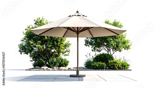 Wallpaper Mural A patio scene with a large umbrella, plants, and paving stones, against a white backdrop Torontodigital.ca