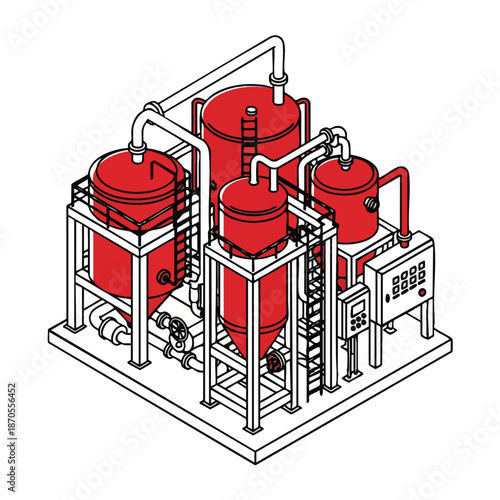 Industrial processing plant with red tanks and pipes, isometric view, clean vector illustration