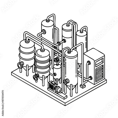 Industrial plant isometric illustration with tanks, pipes, and machinery, clean line art drawing