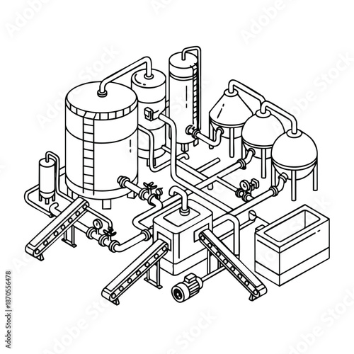 Industrial distillation plant isometric line drawing, schematic of chemical process equipment, factory machinery