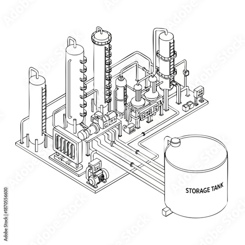 Isometric line drawing of an industrial processing plant with tanks, pipes, machinery, and a storage tank, depicting manufacturing and engineering.