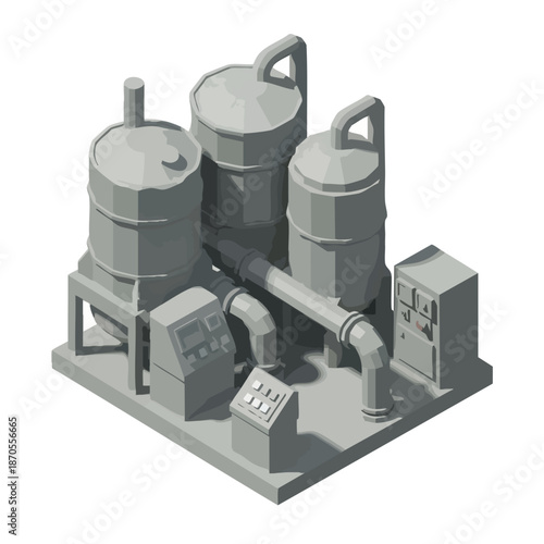 Isometric low poly industrial factory with storage tanks and control panels, representing manufacturing and production processes.
