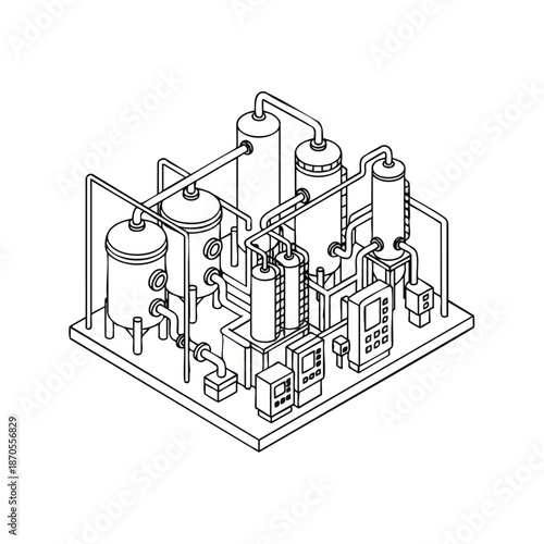 Isometric line drawing of a complex industrial chemical processing plant with tanks pipes and control panels.