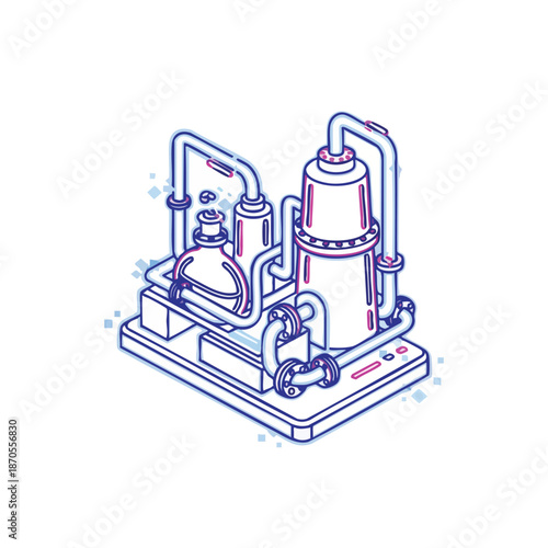 Isometric illustration of a chemical distillation apparatus with pipes and tanks, representing scientific research and industrial processes.
