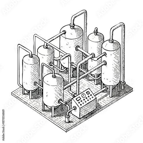 Isometric illustration of an industrial processing plant with tanks and pipes, representing manufacturing and production.