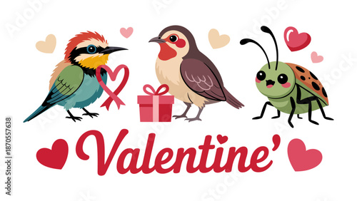 Valentine's Day Imagery: A trio of delightful creatures—two charming birds and a friendly bug—exchange tokens of affection, framed by hearts, gifts and celebrating the spirit of Valentine's Day.
