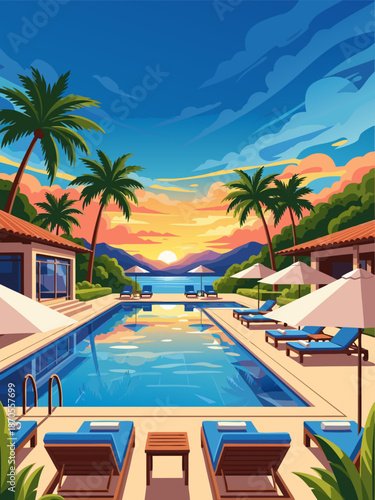 Luxury tropical resort swimming pool illustration with palm trees and ocean view at sunset, vector art