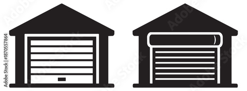 Iconic graphic garage icon set featuring garages with closed and opening roller doors for real estate and property design