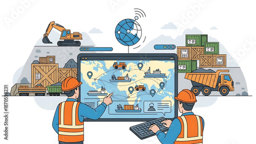 Dynamic illustration of global logistics and supply chain management, showcasing workers overseeing freight transport via land and sea, powered by advanced digital technology