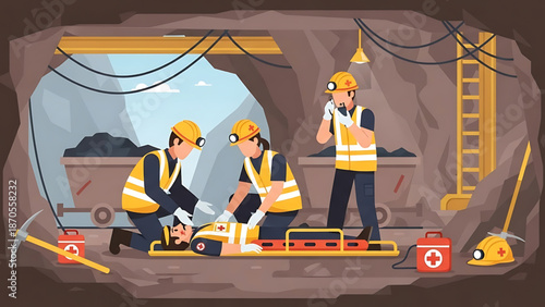 Mine accident rescue operation with injured worker being evacuated by medical team