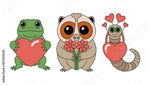 Animals with Love: A heartwarming illustration of three cute animals, a frog, a slow loris and a worm, each holding or surrounded by symbols of love like hearts and flowers.