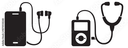 Modern icon technology and healthcare set featuring a smartphone with earbuds and a digital music player connected to a stethoscope for digital health and audio communication