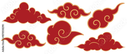 Chinese style clouds. Traditional korean clouds. Flat chinese or japanese red cloud silhouettes, decorative asian festival elements, oriental graphic decent vector set