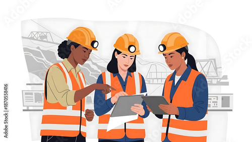 Diverse team of women engineers working on construction site discussing blueprints in safety vests and hard hats