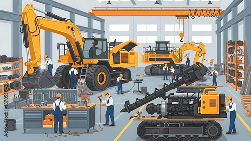 Industrial manufacturing facility with workers assembling heavy machinery and construction equipment in a workshop environment