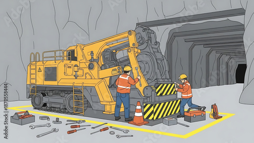 Industrial workers performing maintenance on heavy mining machinery underground, ensuring equipment upkeep and operational readiness with safety measures in place