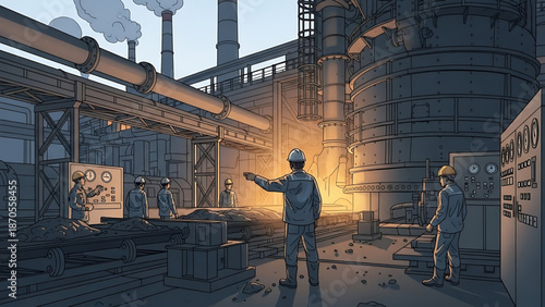 Industrial facility with workers overseeing production processes in a factory setting