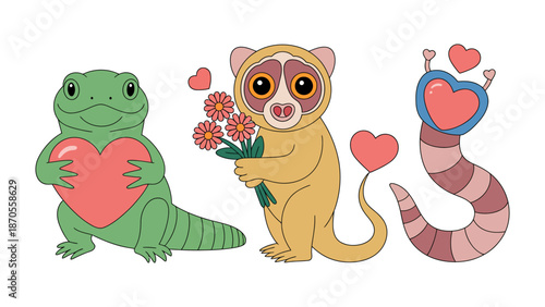 Love is in the air: Cute cartoon animals featuring heart shape in their hands for celebration of love.