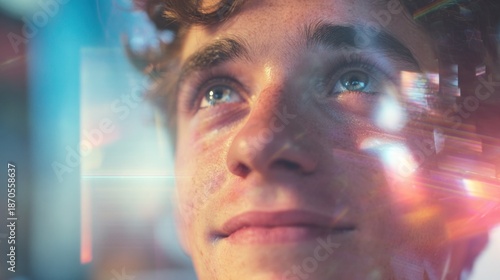 Young man looking upward with light