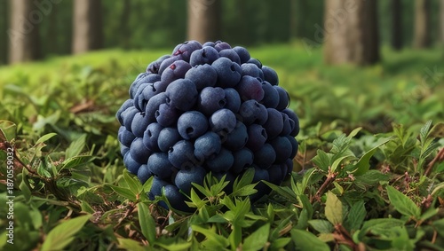 Forest in the background,free space for text on the side, berry in close-up