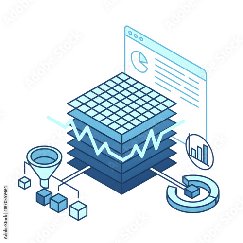 Isometric cloud computing platform with data layers and online infrastructure concept.