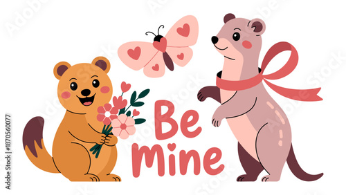 Be Mine Cartoon: Adorable illustration featuring two charming animals, a butterfly, and a floral bouquet, complemented by the loving phrase Be Mine.