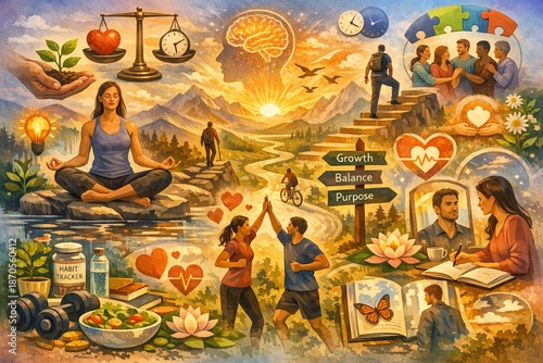 A holistic path to well-being and personal growth. Here are some visual representations that capture the concepts of balance, awareness, and transformation.