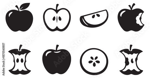 Simple graphic apple set featuring whole, sliced, bitten, and core elements for healthy eating concepts