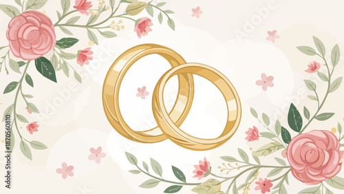 Golden wedding rings with floral decorations and romantic ambiance