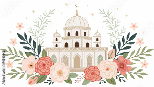 Elegant mosque with floral decorations and crescent moon