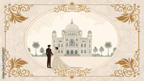 Elegant couple standing before stunning historic building