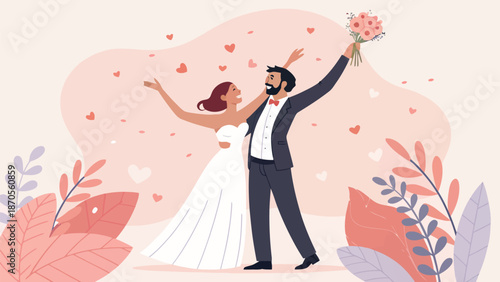 Joyful wedding couple celebrating with flowers and hearts around