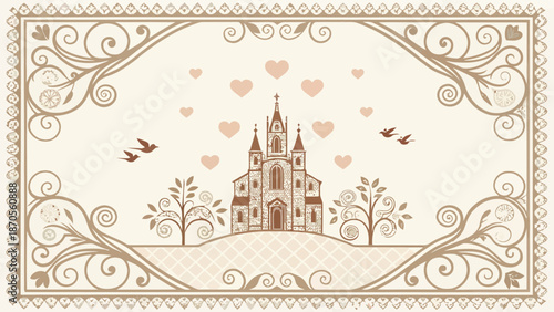 Romantic vintage illustration of castle with hearts and birds