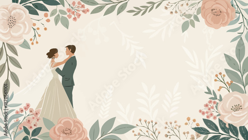 Elegant wedding couple in floral border for invitations