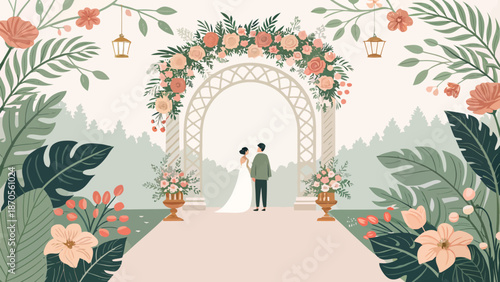 Romantic wedding couple standing under beautiful floral archway