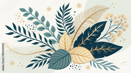 Elegant botanical illustration of leaves and flowers in gold and blue hues