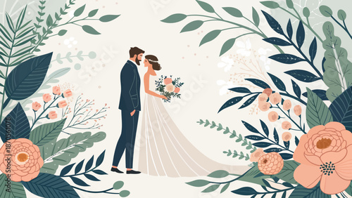 Elegant wedding couple embracing love in beautiful floral setting
