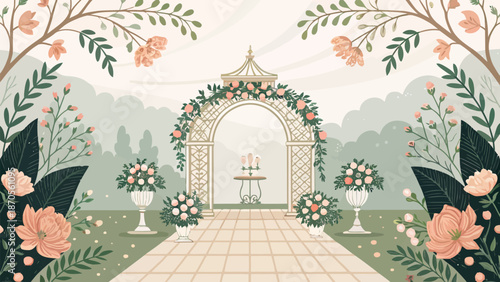 Romantic garden wedding arch with floral decorations and pathway