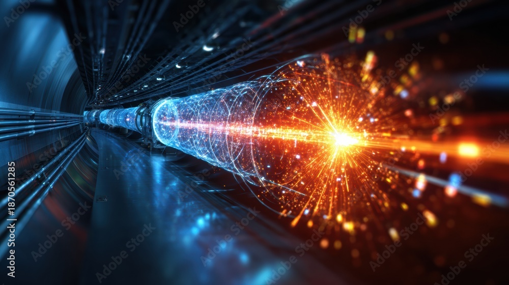 Fototapeta premium Explore the Beauty of a Particle Accelerator Tunnel With a Glowing Beam Line Showcasing Advanced Physics Research and Experiments