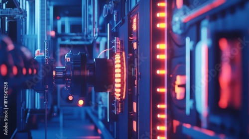 A high-tech scene showing the backside of computer equipment with rows of red LED lights.