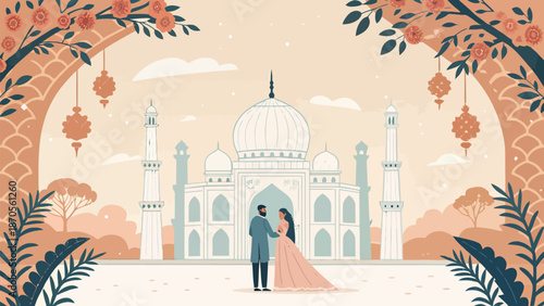 Romantic Indian wedding scene with couple in front of Taj Mahal