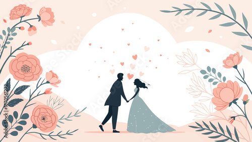 Romantic couple walking hand in hand with flowers and hearts