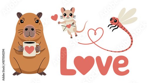 Love Illustration: A heartwarming illustration of a capybara holding a coffee mug with a heart, a mouse with a heart-shaped letter, and a dragonfly forming a heart-shaped trail.