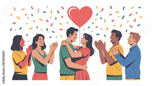 Love's Celebration: A tender moment as a couple embraces, watched by friends with joy and confetti, symbolizing the celebration of love.
