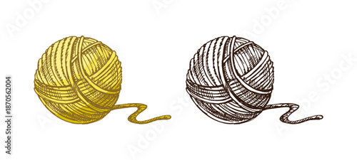 Hand drawn vintage sketch of yellow yarn ball in color and monochrome versions, knitting thread vector illustration