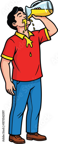 Cartoon man in a red shirt messily chugging a yellow beverage from a large glass pitcher.