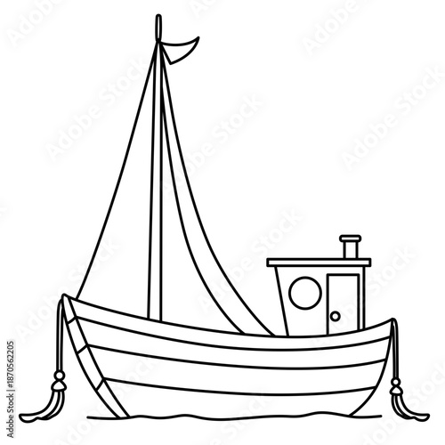Sailboat line art with tall mast perfect for ocean themes, kids coloring books, and playful educational designs.