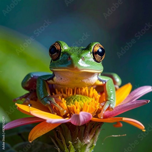 Green tree frog sits on an orange flower, gazing directly at the viewer with large, captivating eyes